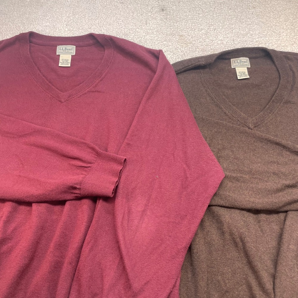 L.L. Bean Sweater Lot of 2 Mens XXL Burgundy Brown Cashmere Blend V-Neck 274603